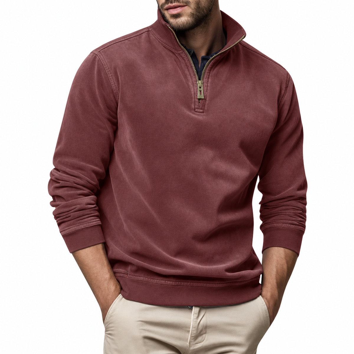 Side view of a men's casual quarter-zip sweater