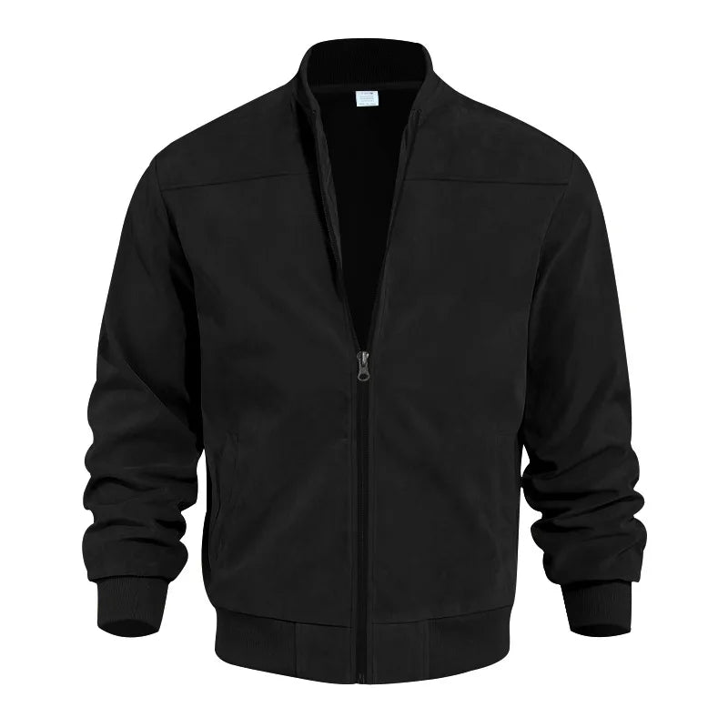 Men's Suede Bomber Jacket Stand Collar Casual Outwear
