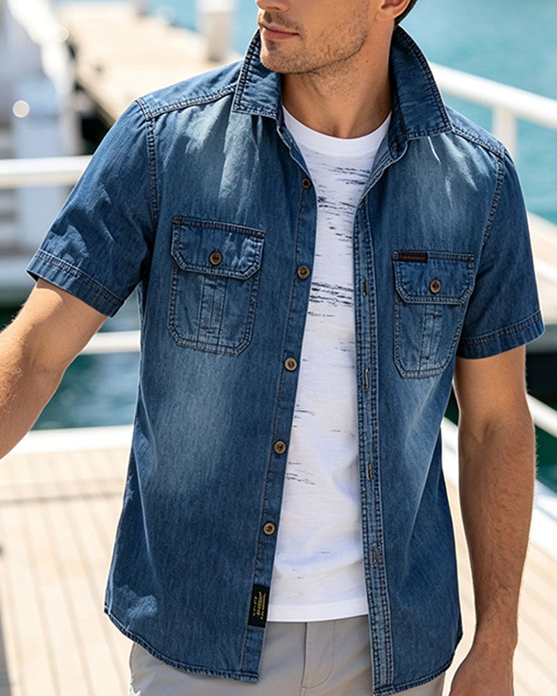 Men's short-sleeve denim shirt showing the button front and collar