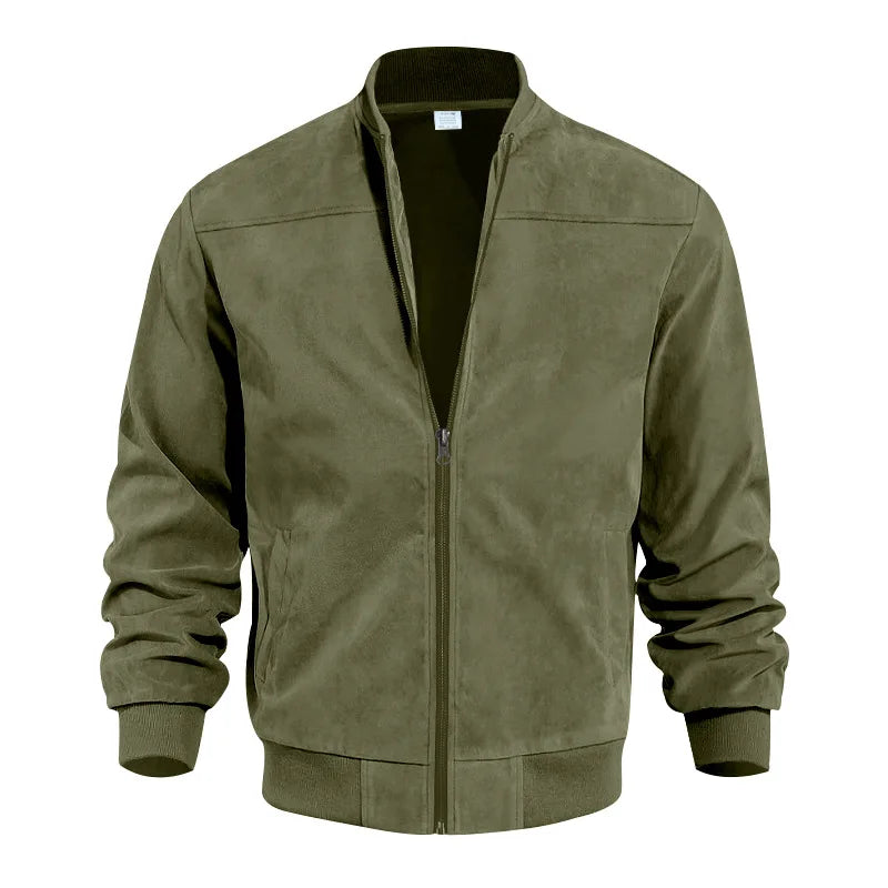 Men's Suede Bomber Jacket Stand Collar Casual Outwear