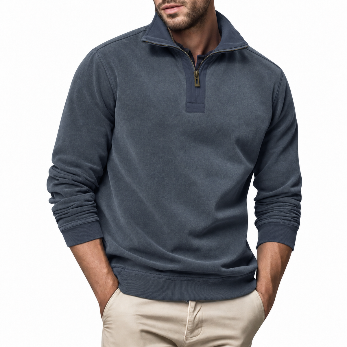 Men's long-sleeve quarter-zip pullover sweater detail