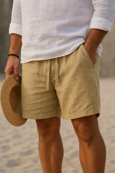 Men's lightweight cotton linen shorts displayed from the front