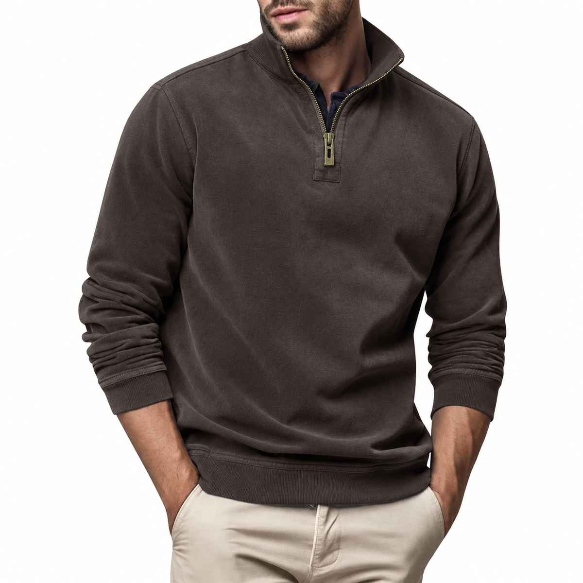 Quarter-zip closure detail on a men's everyday sweater