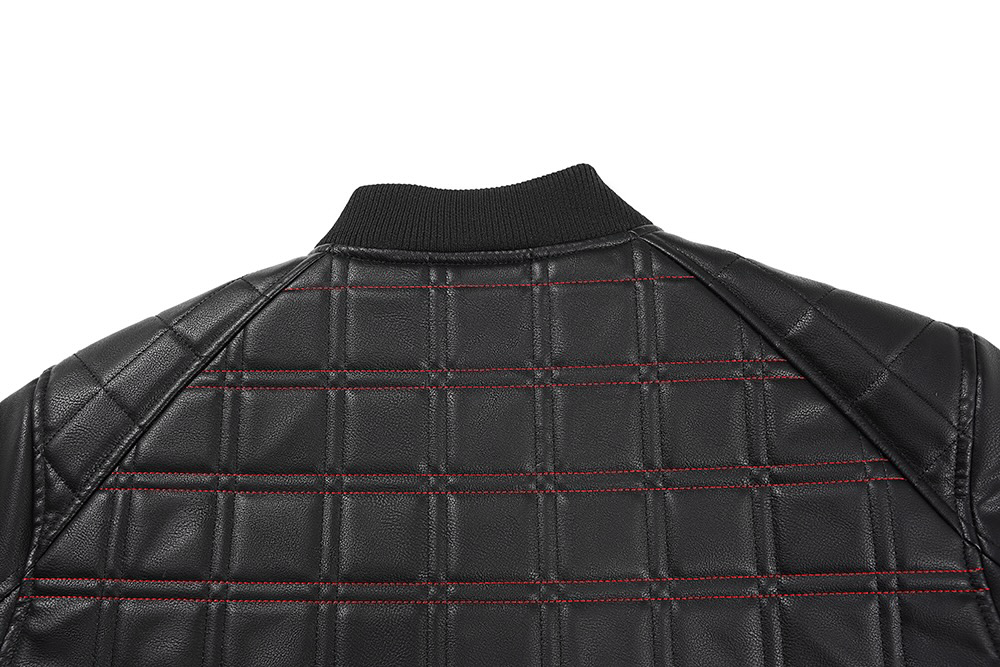 A close-up of a  Black Quilted Faux Leather Moto Jacket