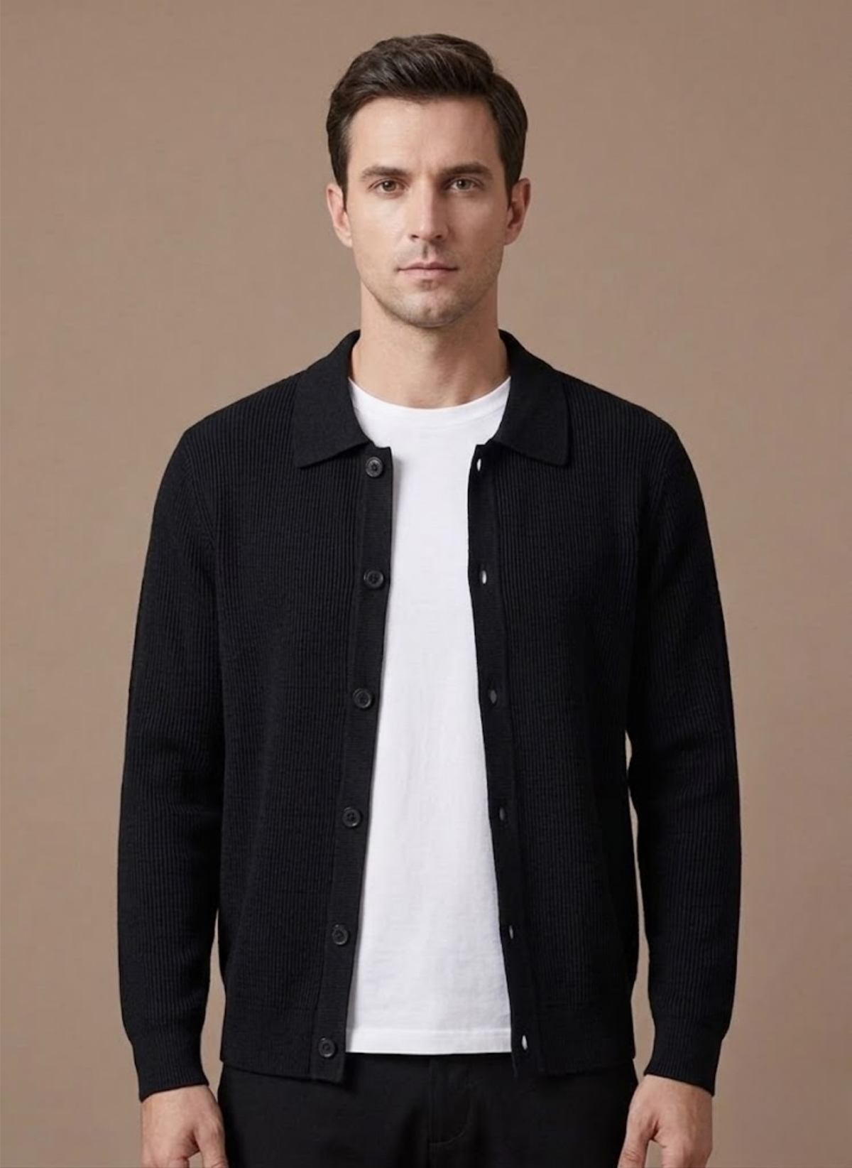Men's relaxed-fit long-sleeve cardigan shown from the front