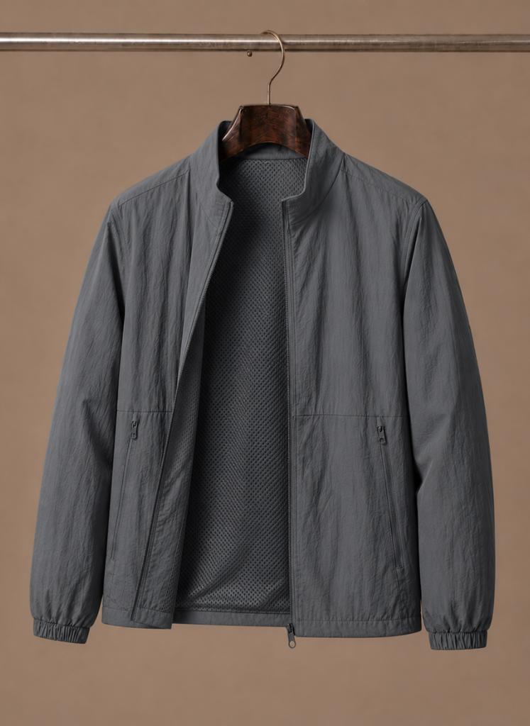 Detail of the bomber jacket collar and shoulder