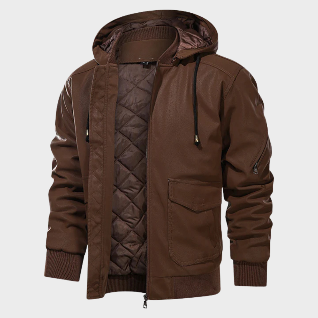Men's quilted hooded jacket for cold weather, front view