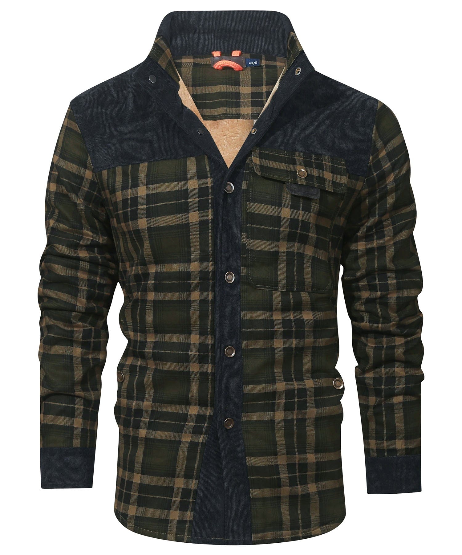 Side view of insulated plaid jacket with faux fur lining