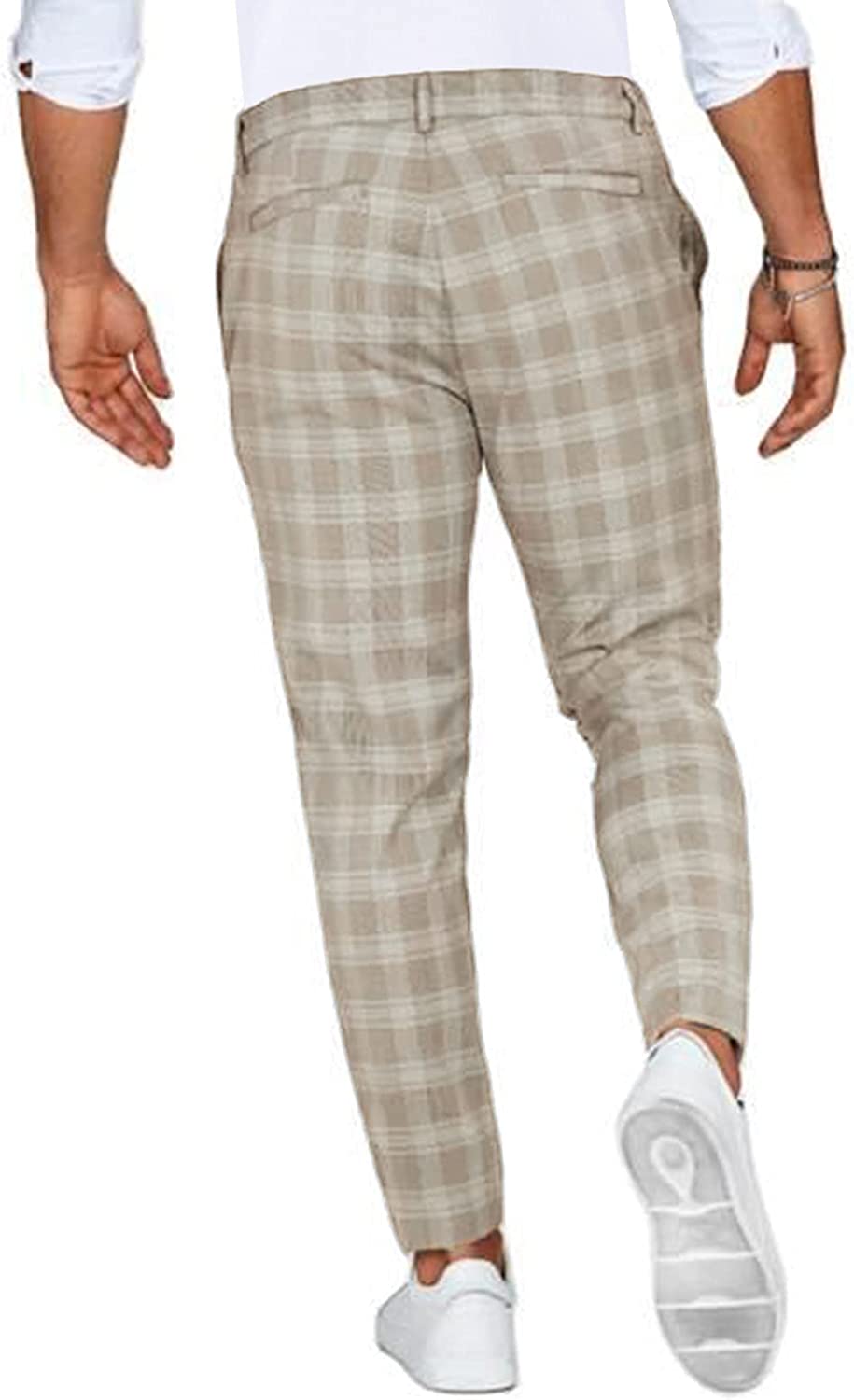 Front view of men's slim-fit plaid chino trousers