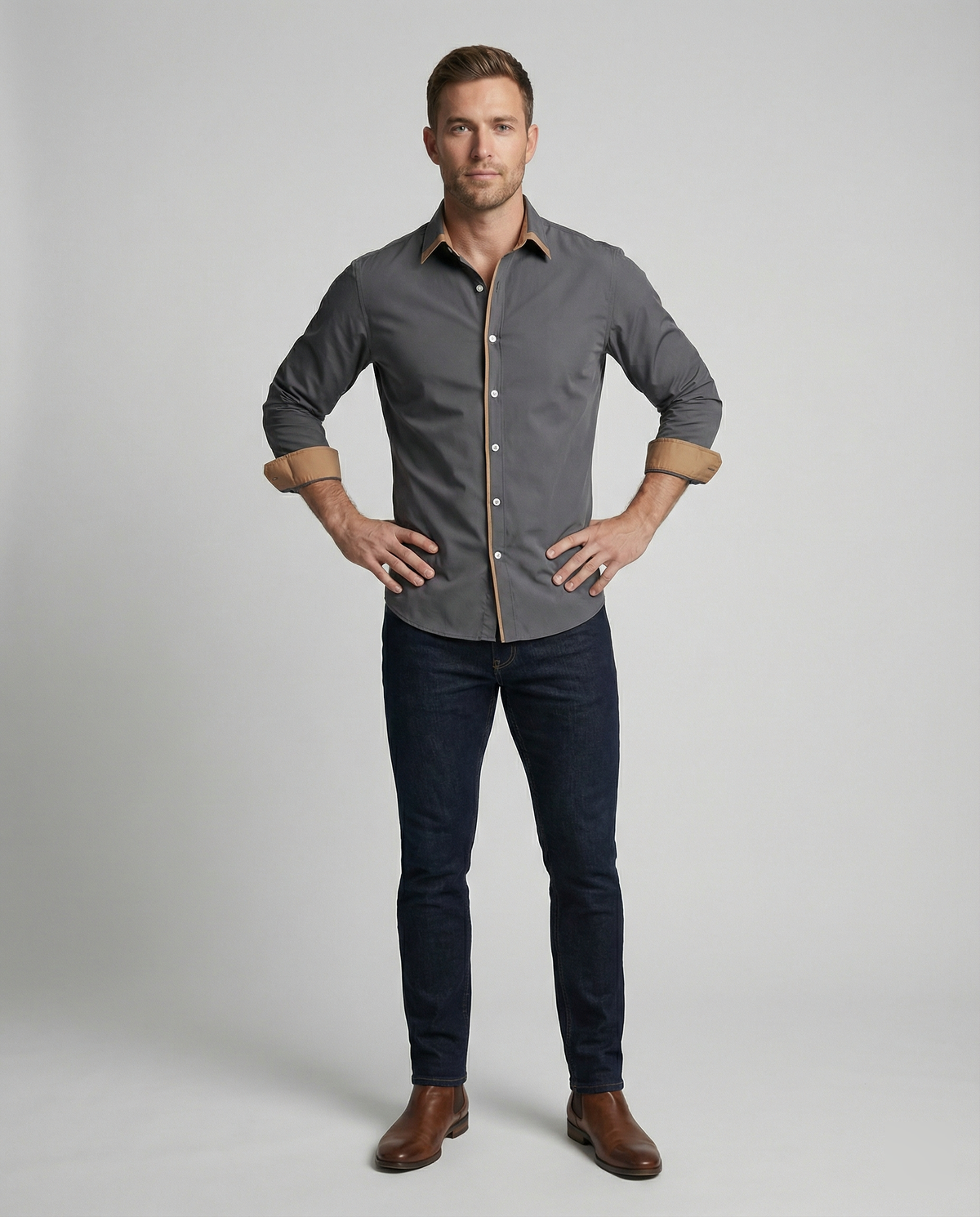 Close-up of the shirt collar and button placket