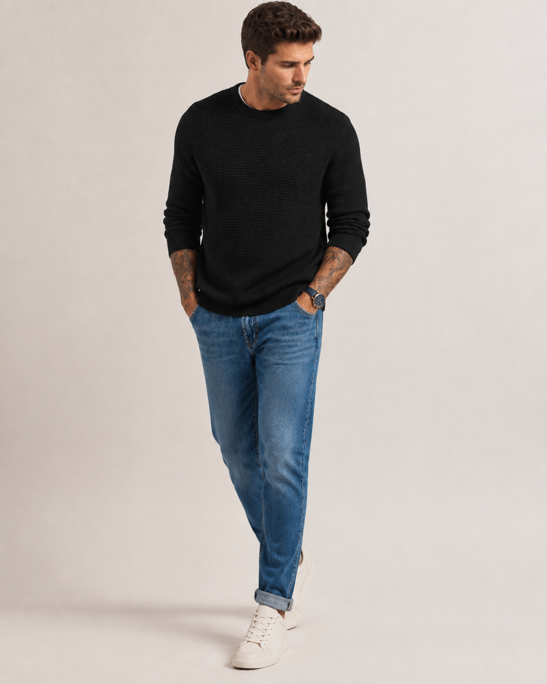 Layered smart casual outfit featuring a knit pullover sweater