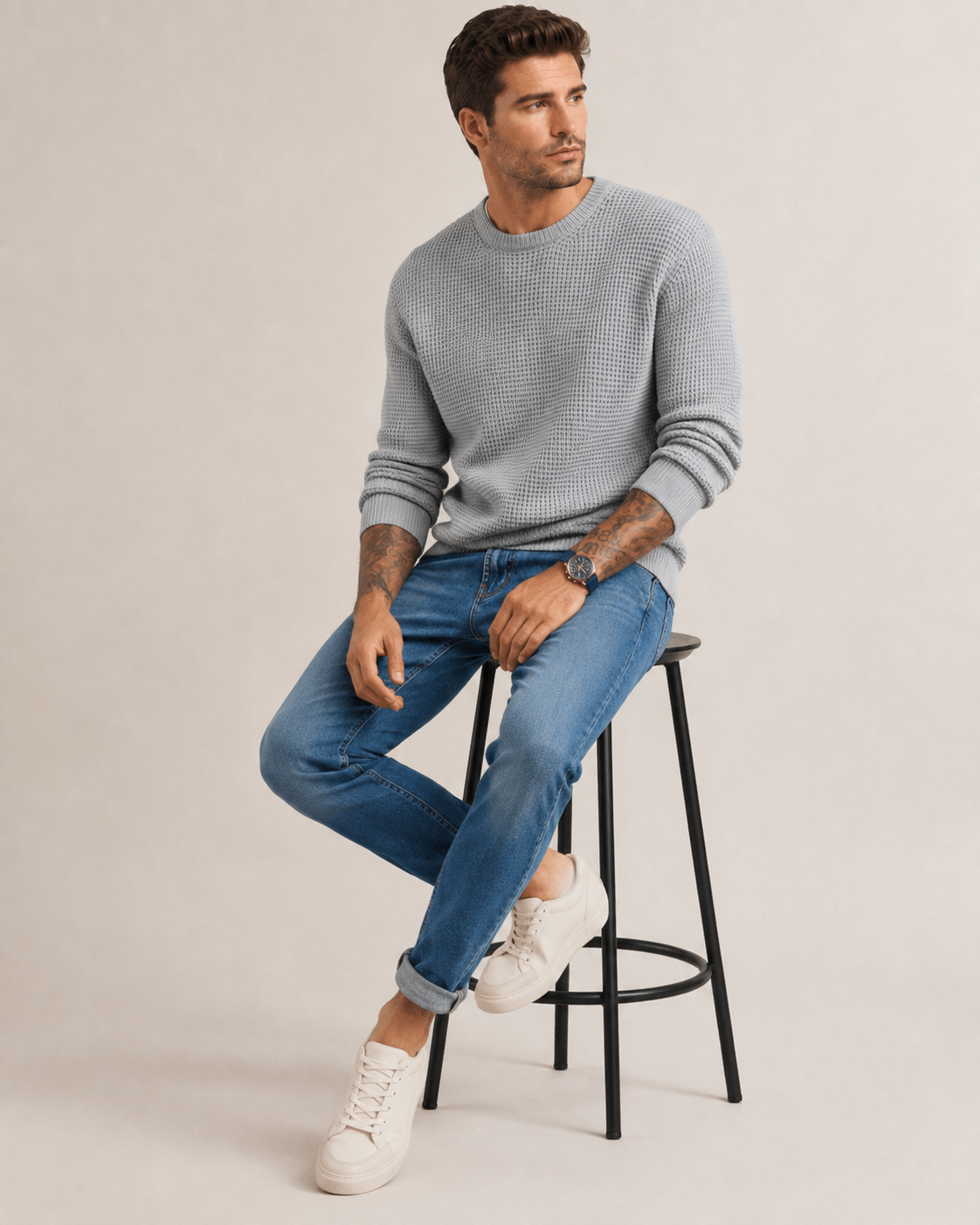 Close-up view of the sweater's knitted texture