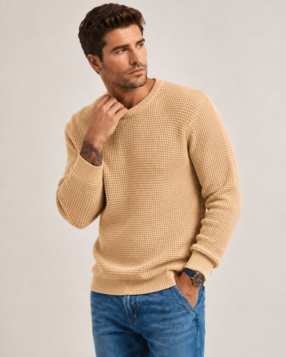 Men's knit pullover sweater styled for a smart casual outfit