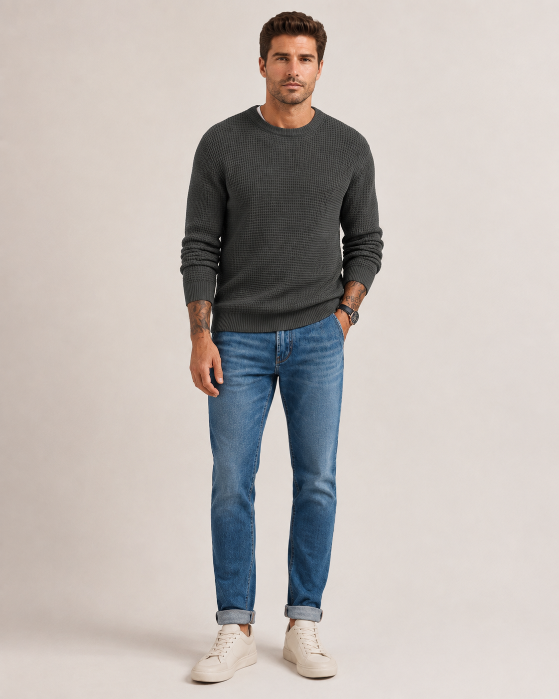 Men's pullover sweater worn with casual denim