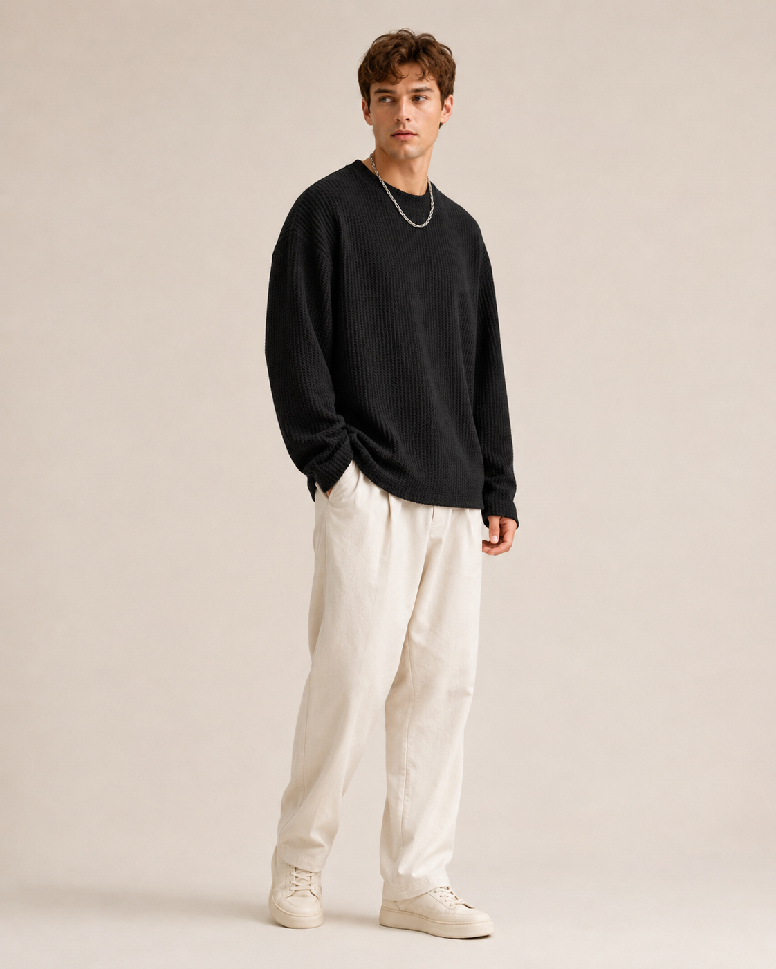 Men's waffle pullover sweater shown from the back