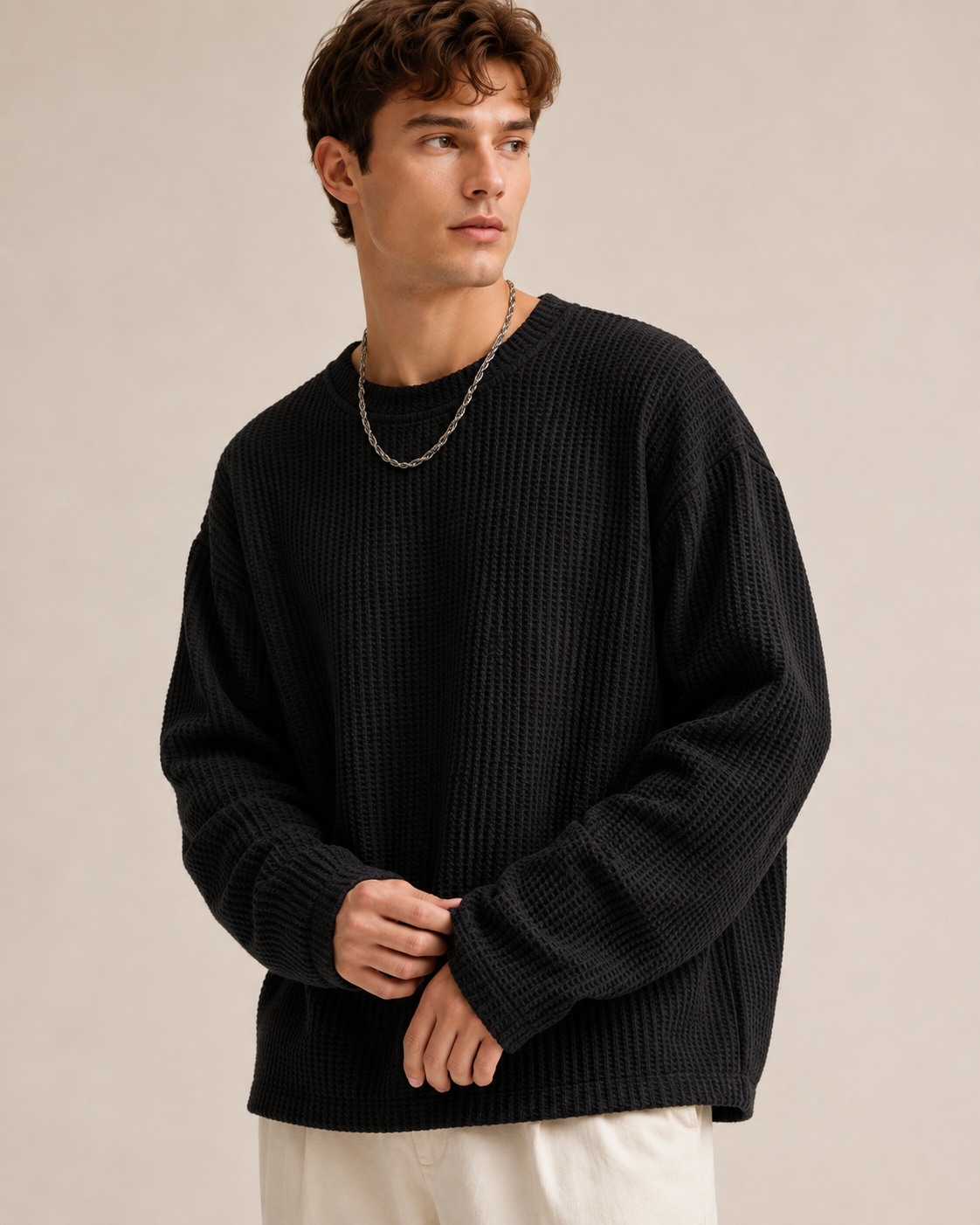 Men's waffle pullover sweater shown from the front