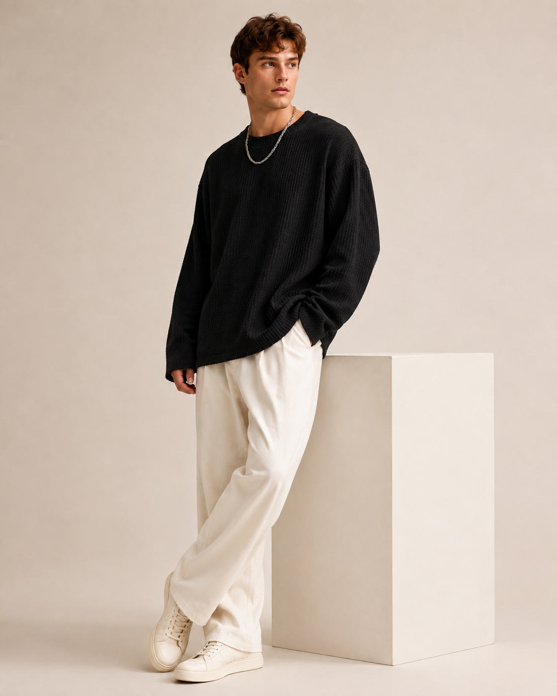 Men's pullover sweater neckline and upper chest detail