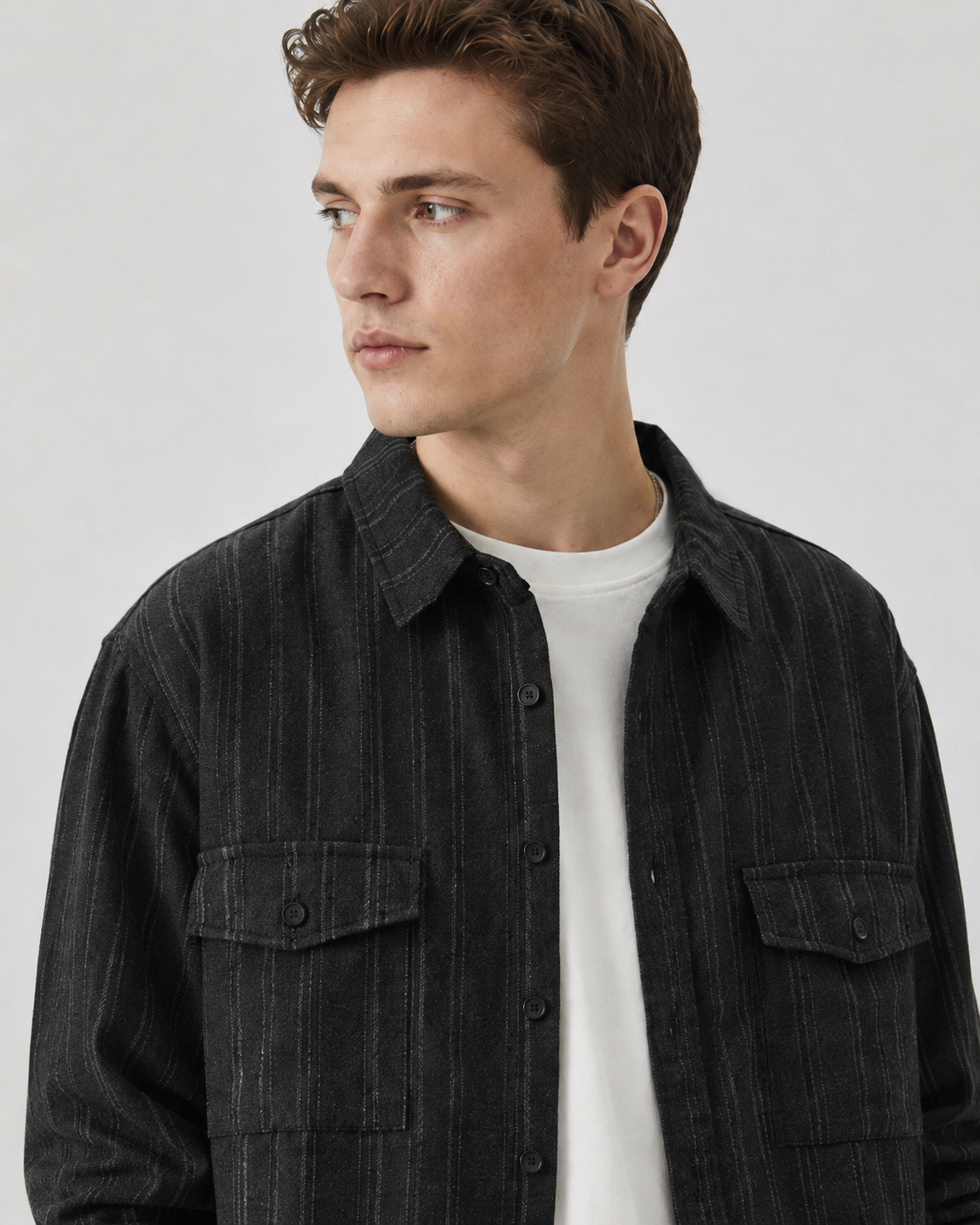 Full product view of the textured button-up overshirt