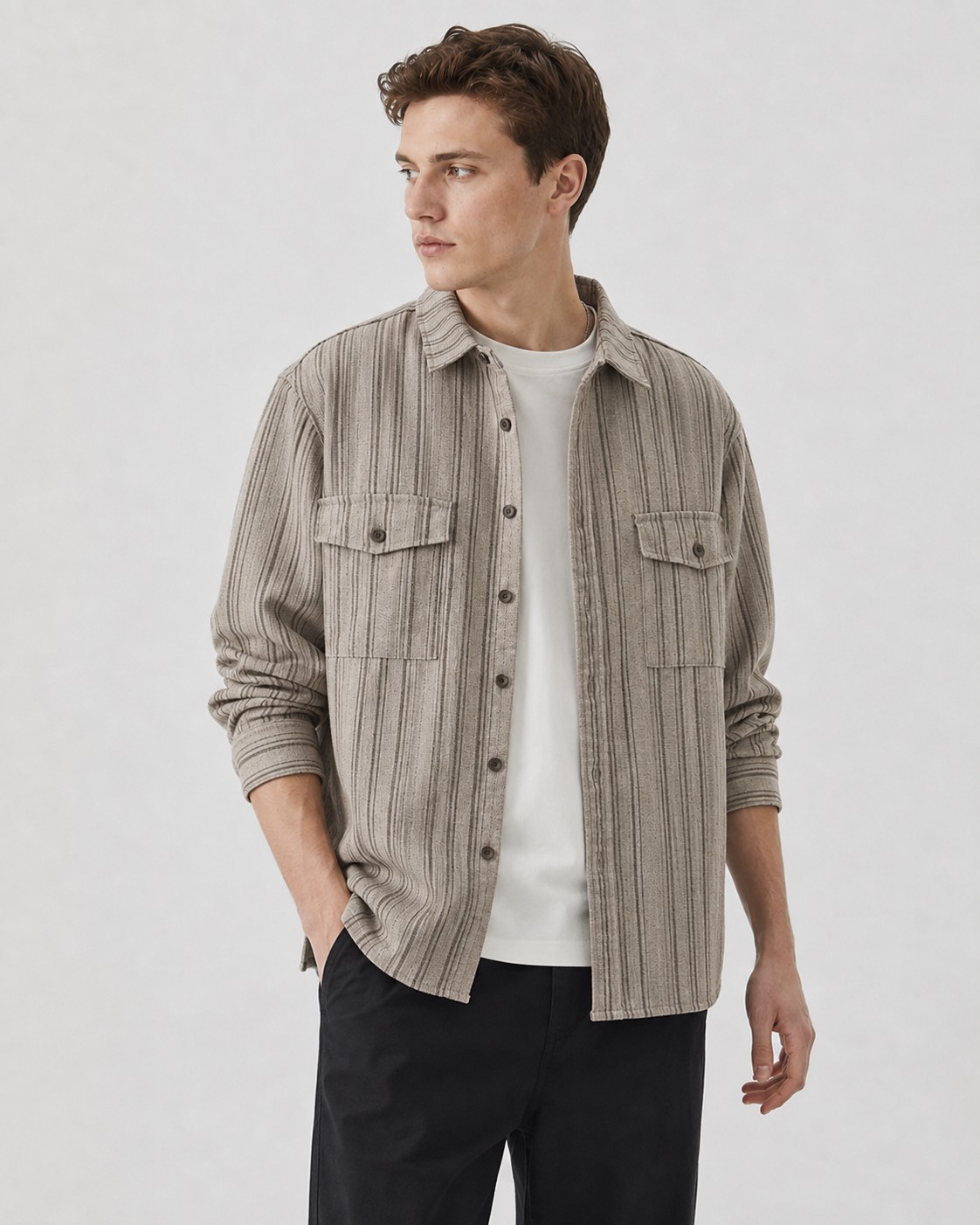 Close-up of the textured fabric and button placket