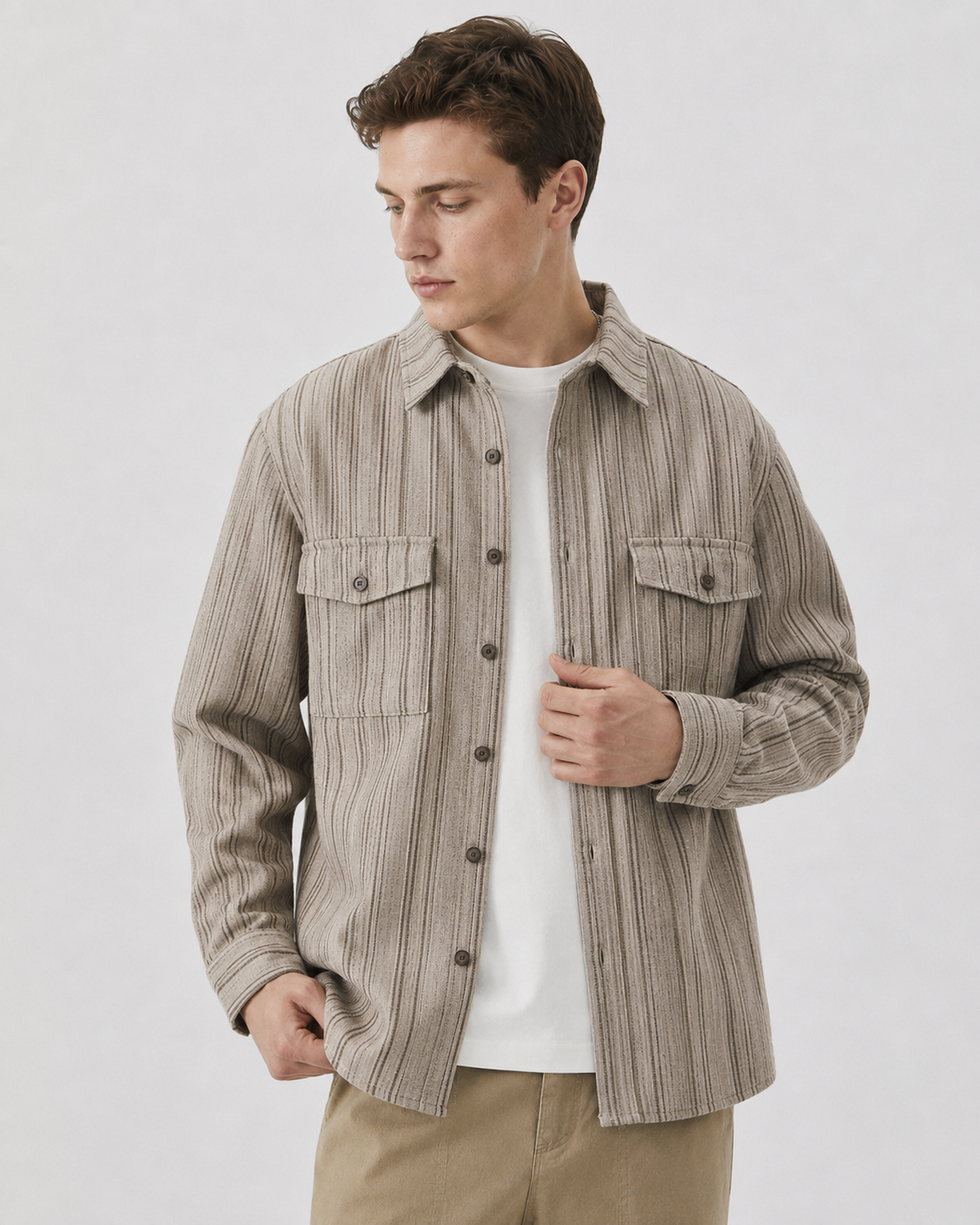 Men's textured button-up overshirt shown from the front