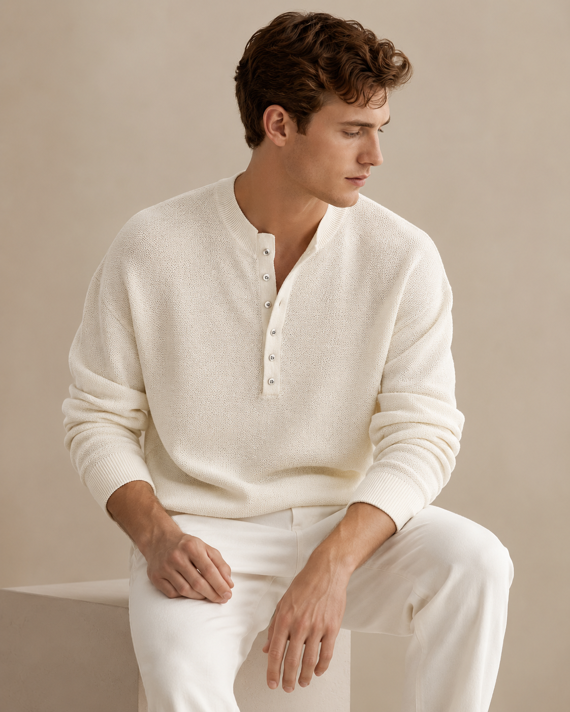 Men's henley shirt showing the button neckline and knit texture