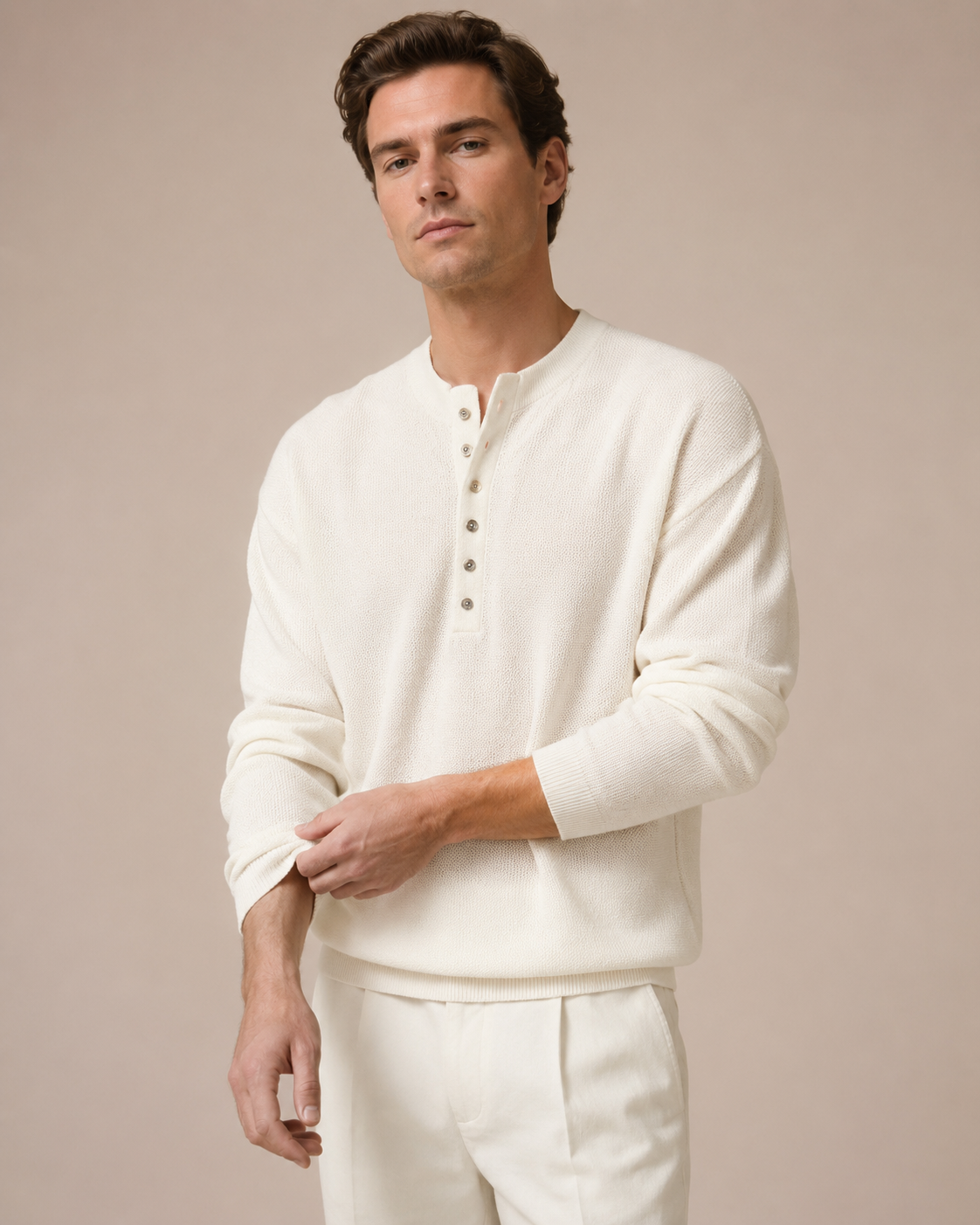 Close-up view of the textured knit fabric and henley placket