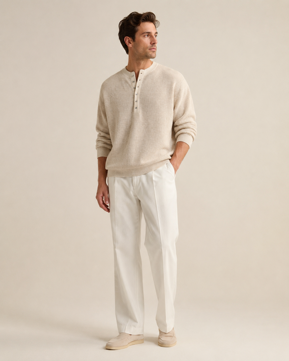 Full view of the men's knit henley shirt on a model