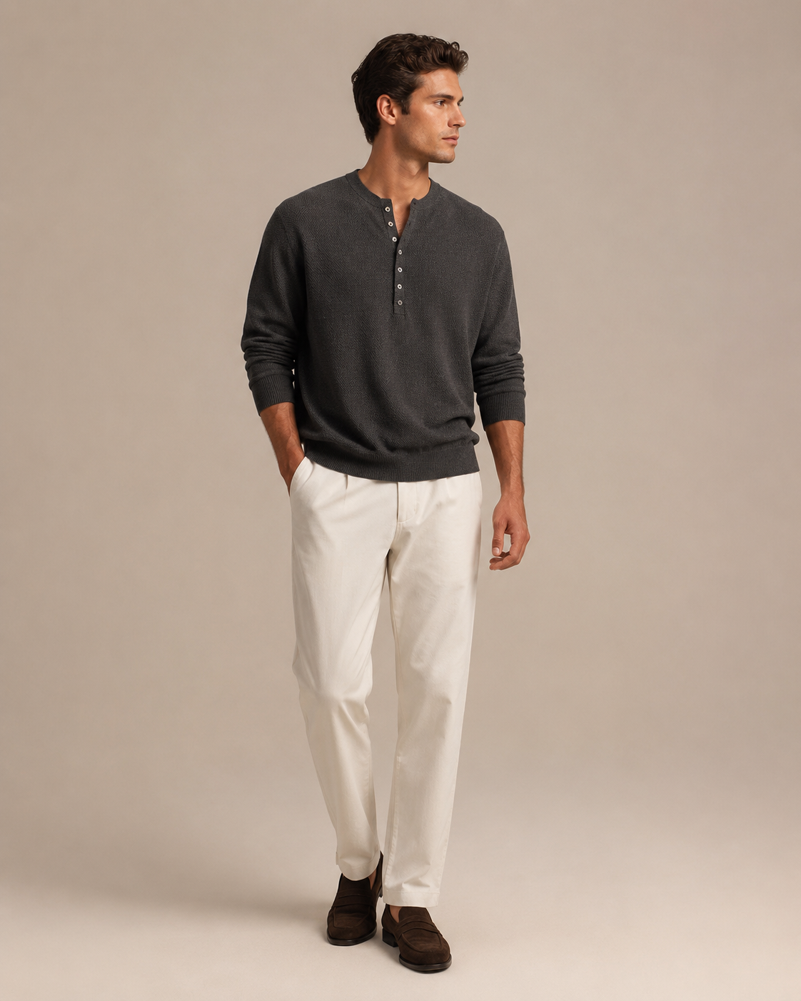 Model wearing the textured knit henley shirt in a casual outfit