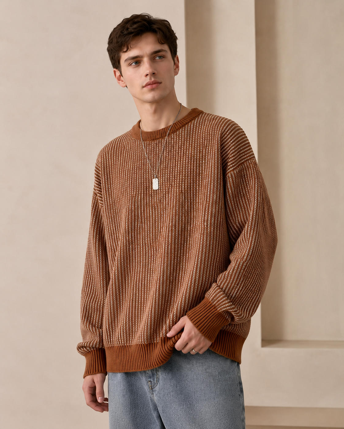 Hem detail of the men's crewneck sweater