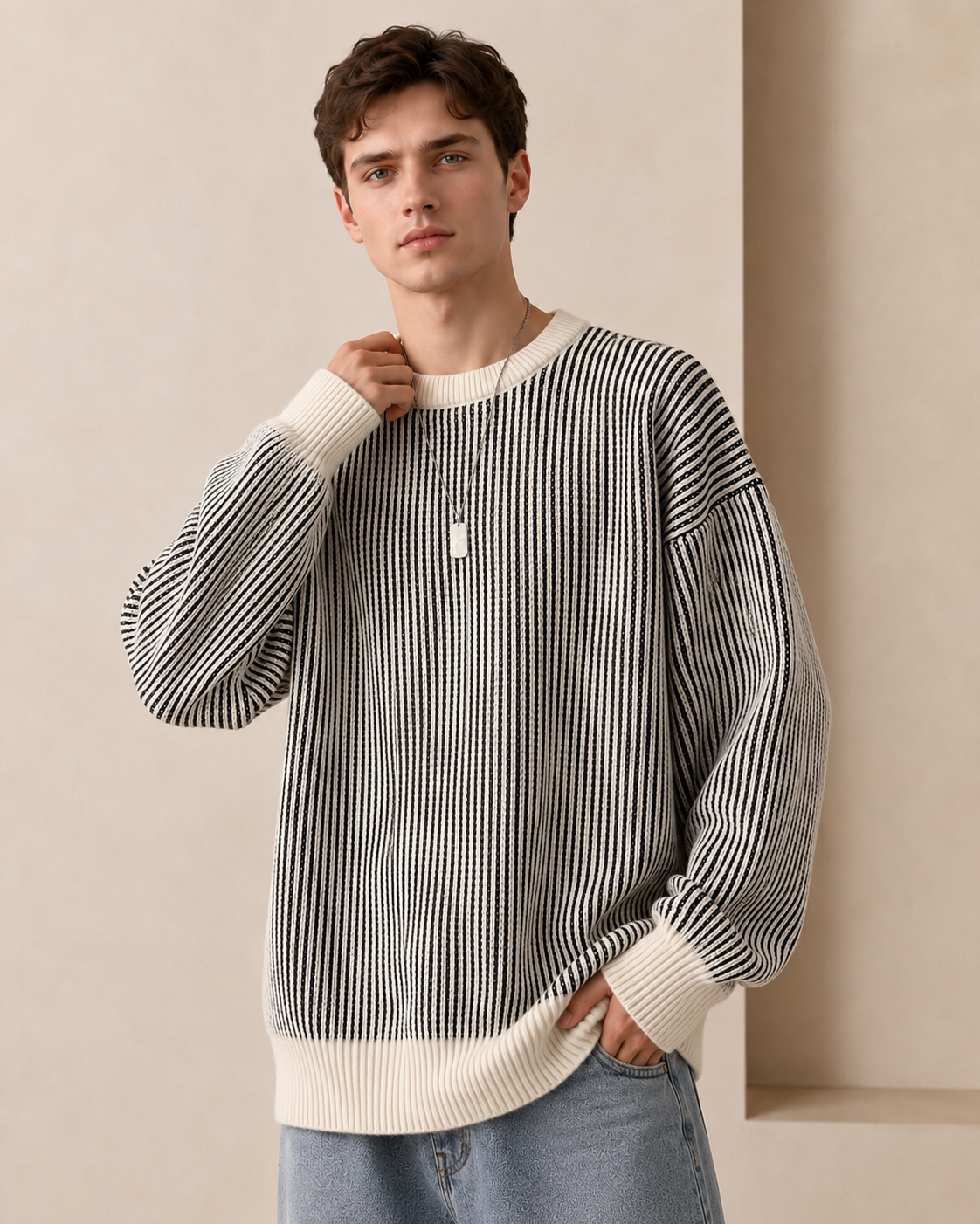 Textured stripe pattern across the front of the crewneck sweater