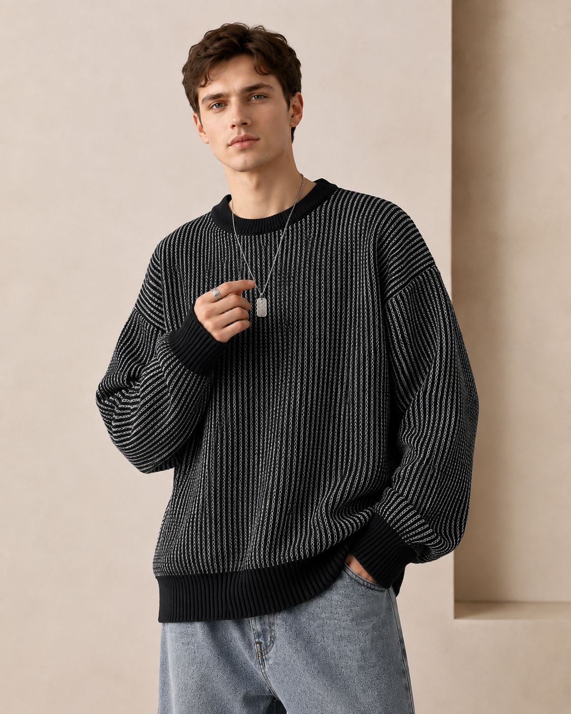 Men's sweater neckline and crewneck collar detail