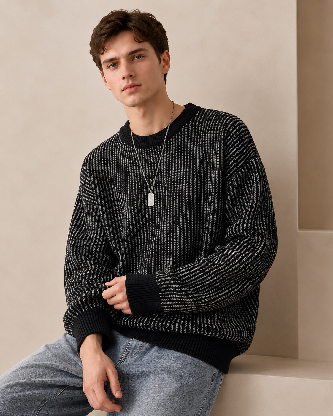 Close-up of the textured stripe knit on a men's crewneck sweater