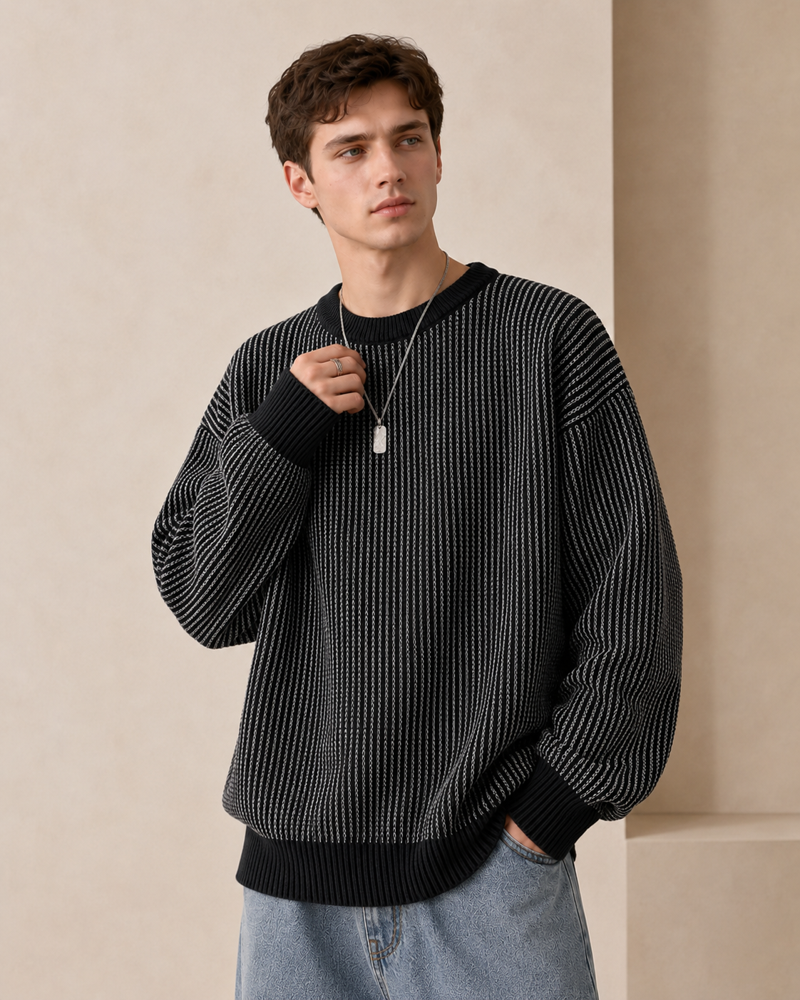 Men's textured stripe crewneck sweater shown from the front