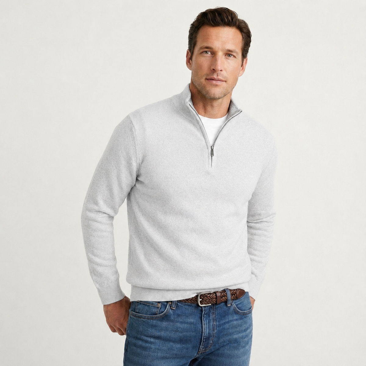 Men's stand-collar sweater highlighting the quarter-zip neckline