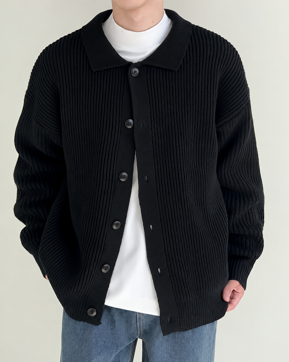 Side view of a men's pointed-collar cardigan