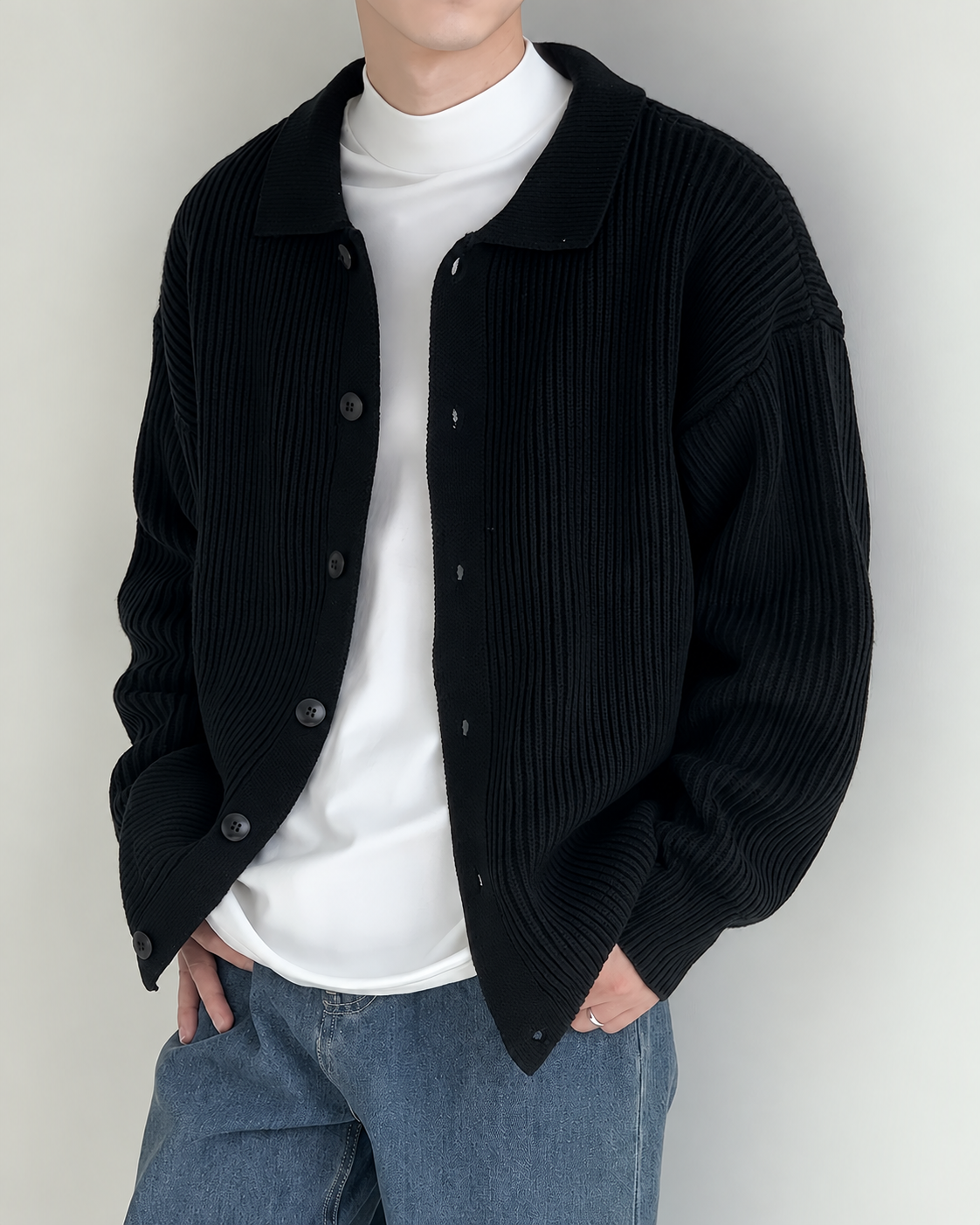 Back view of the men's ribbed cardigan