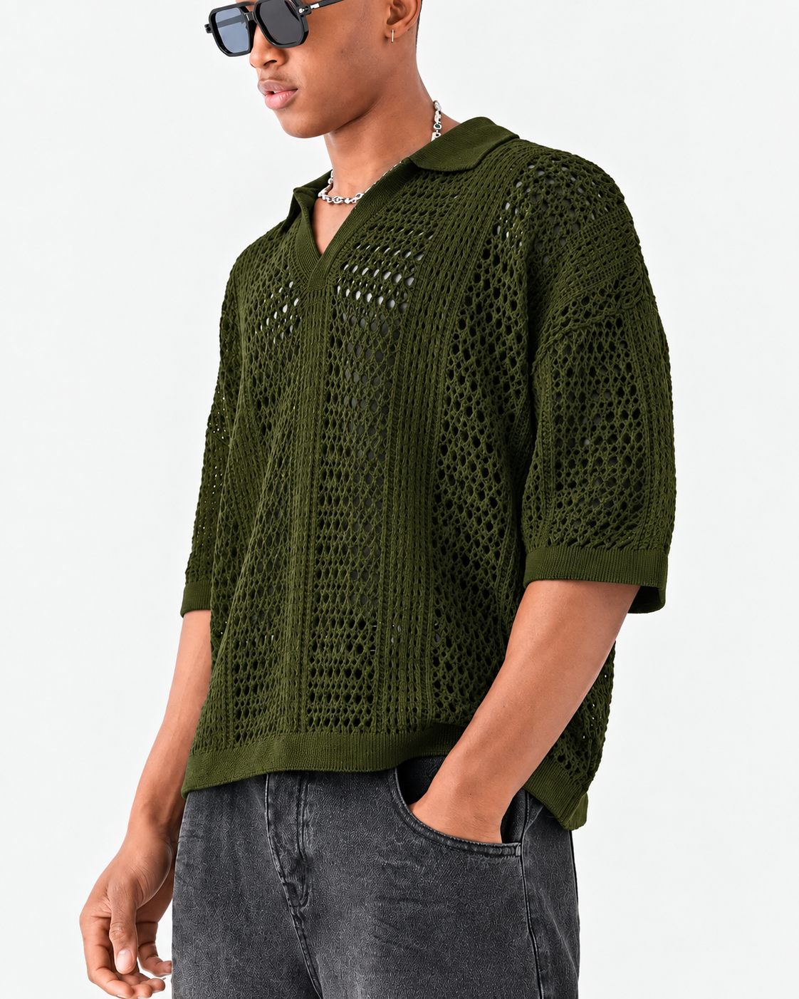 Men's Open-Knit Lattice Polo Shirt
