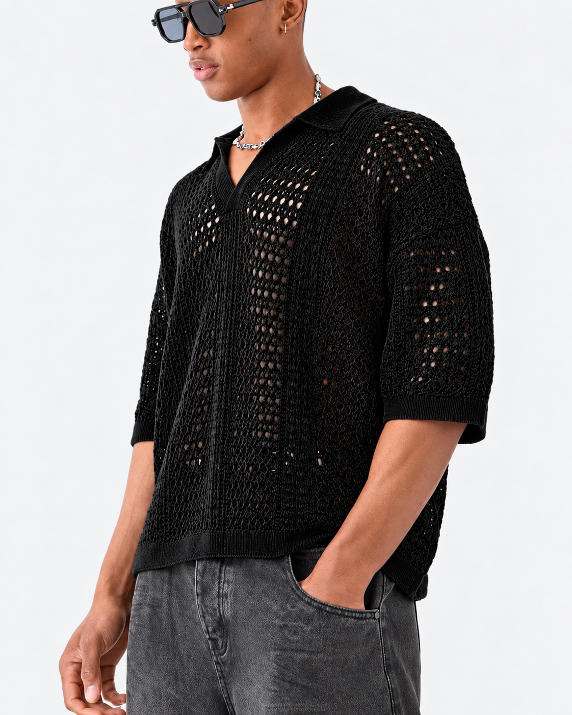 Side view of a men's open-knit lattice polo shirt