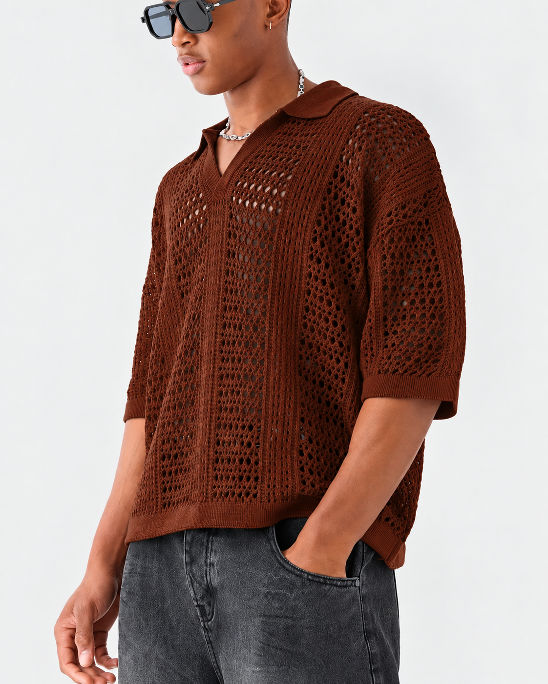 Men's Open-Knit Lattice Polo Shirt