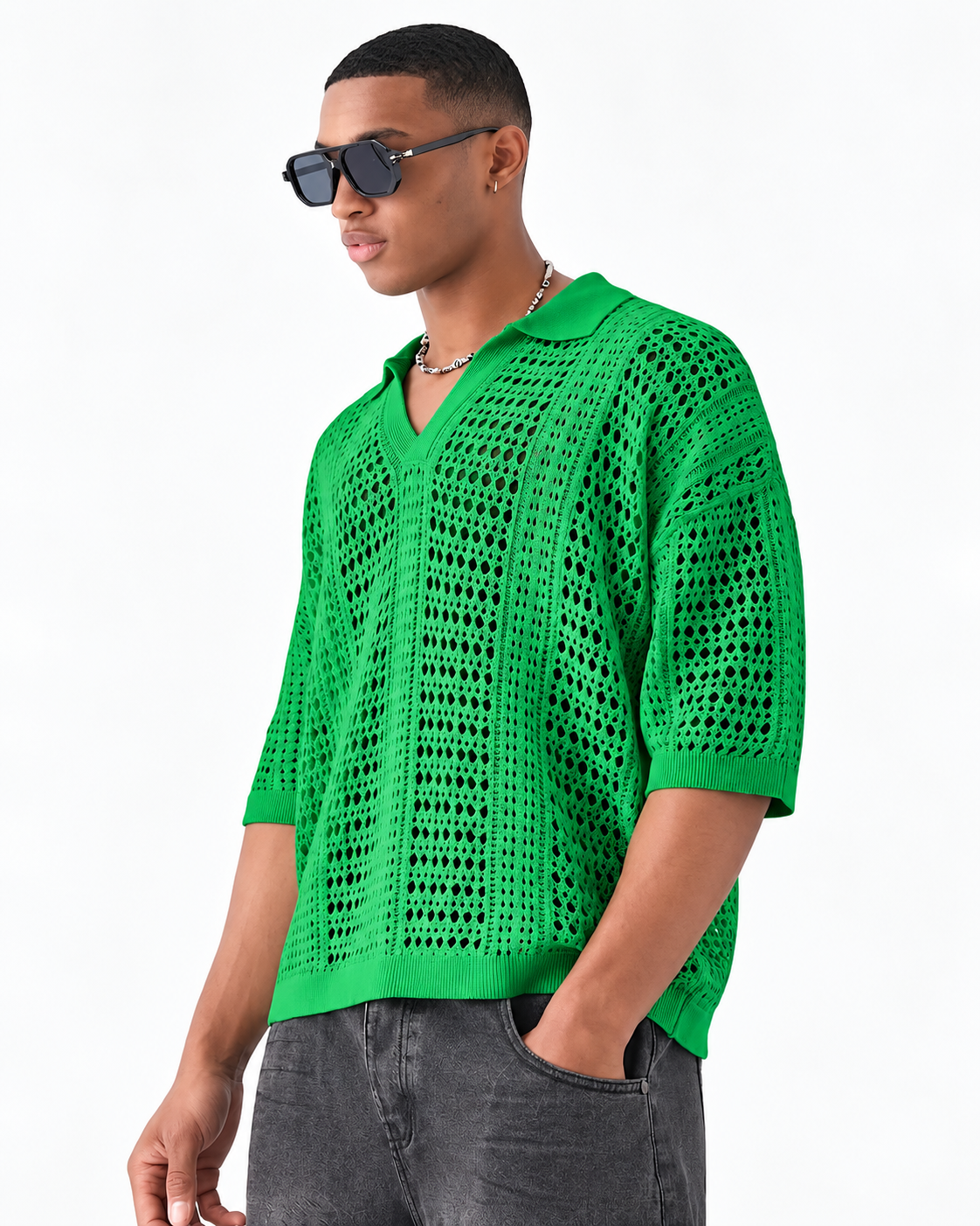 Men's Open-Knit Lattice Polo Shirt