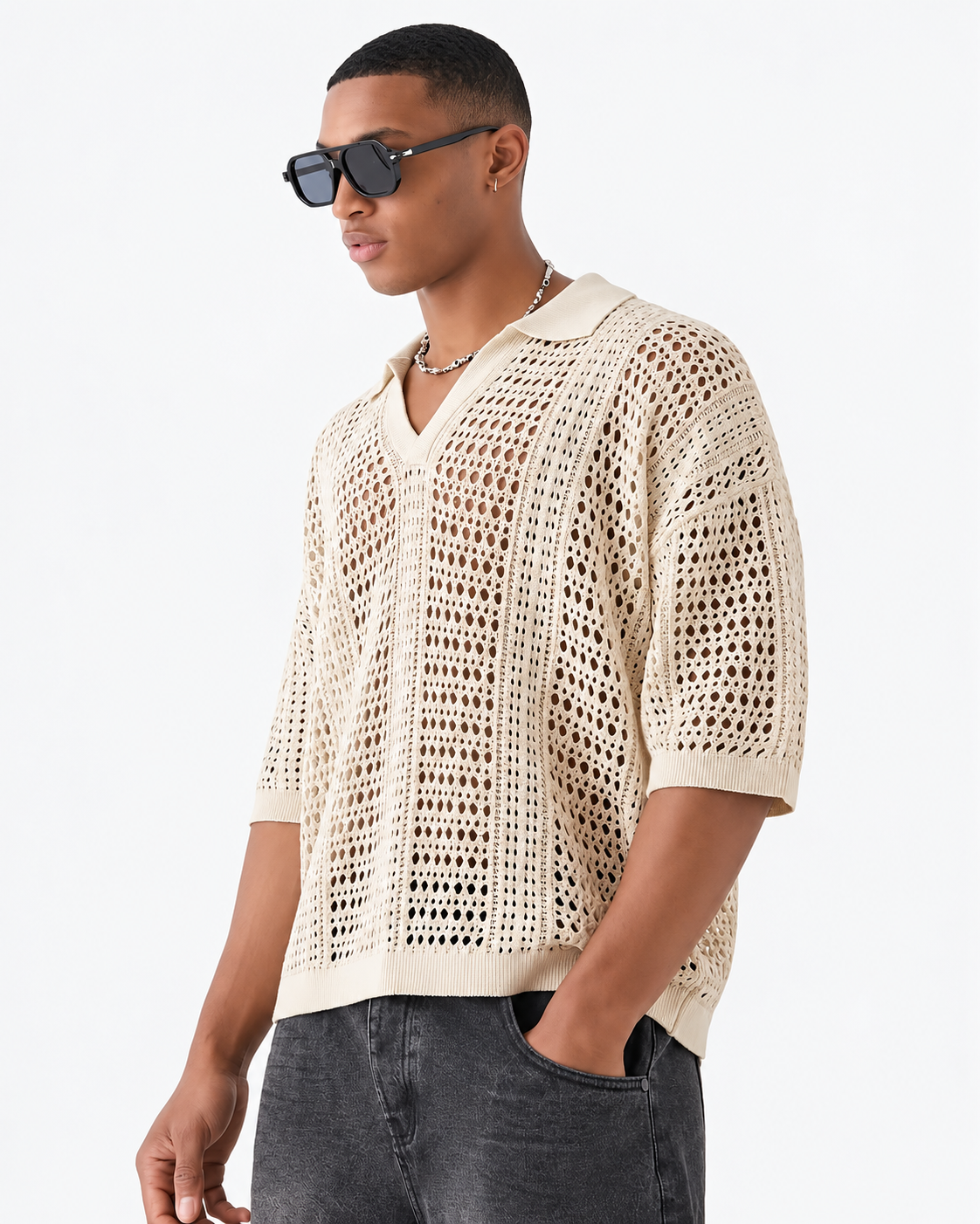 Men's Open-Knit Lattice Polo Shirt