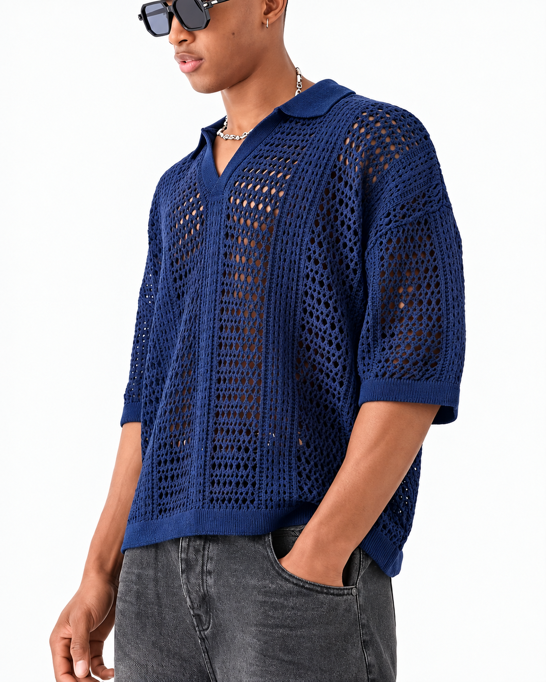 Men's Open-Knit Lattice Polo Shirt