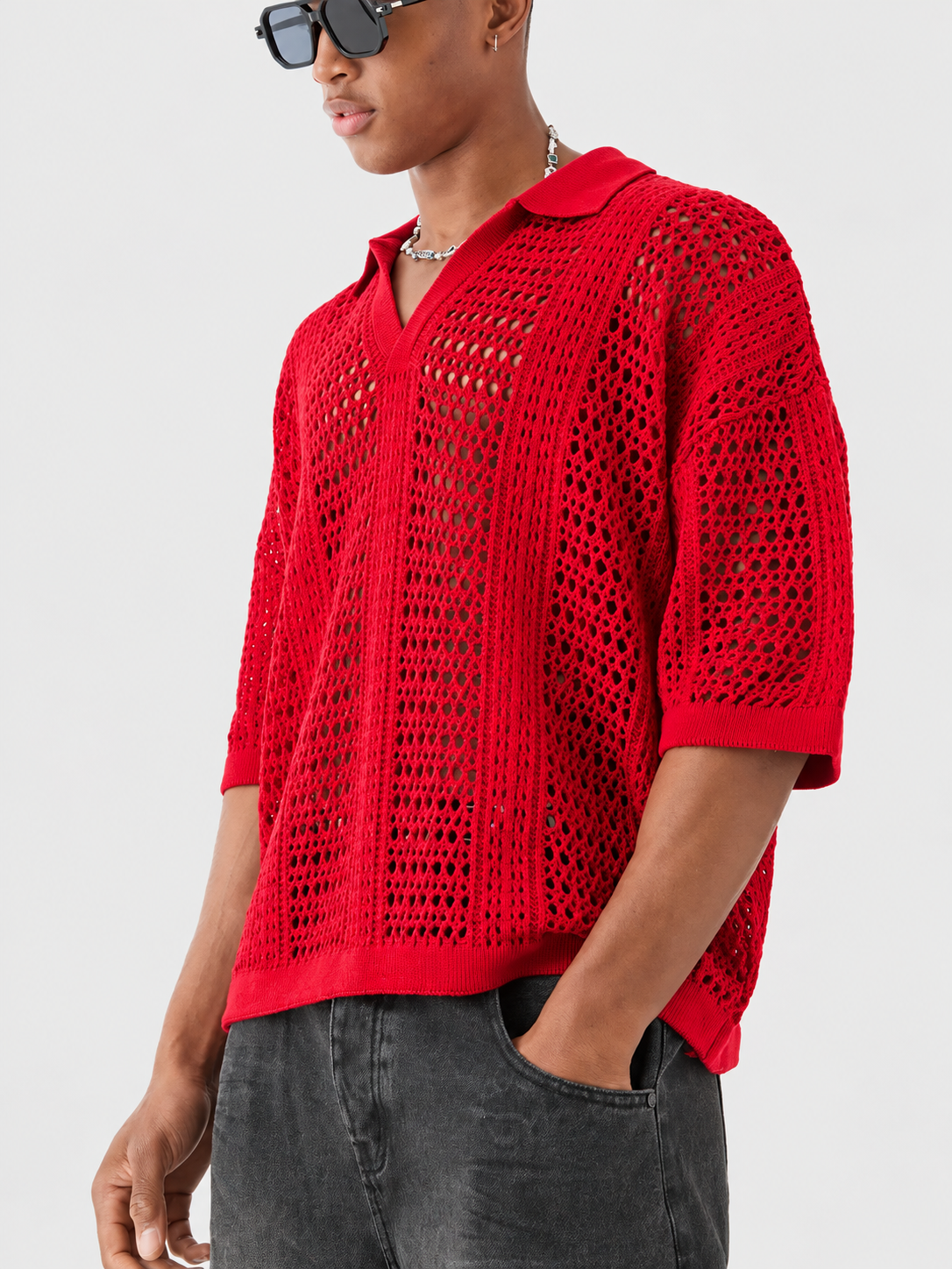 Men's Open-Knit Lattice Polo Shirt