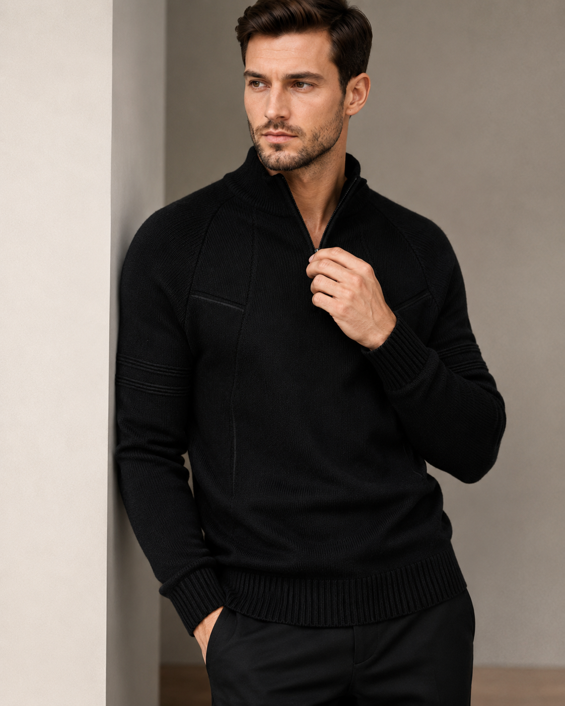 Men's Fitted Knit Sweater With Front Zip