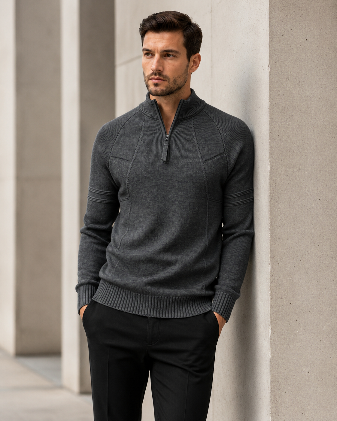 Men's Fitted Knit Sweater With Front Zip
