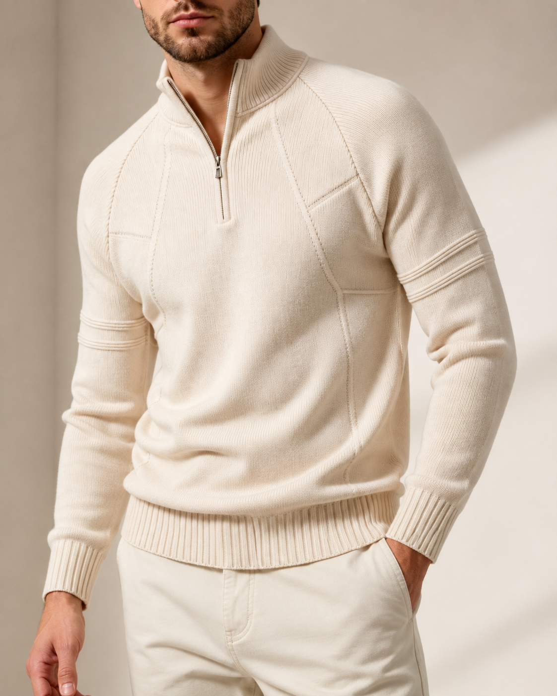 Men's fitted knit sweater shown from the front with a full-length front zip
