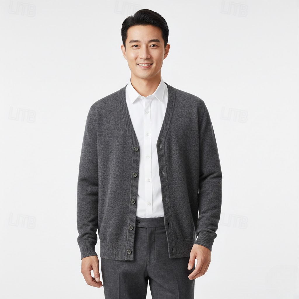 Side view showing the regular fit of the men's button cardigan