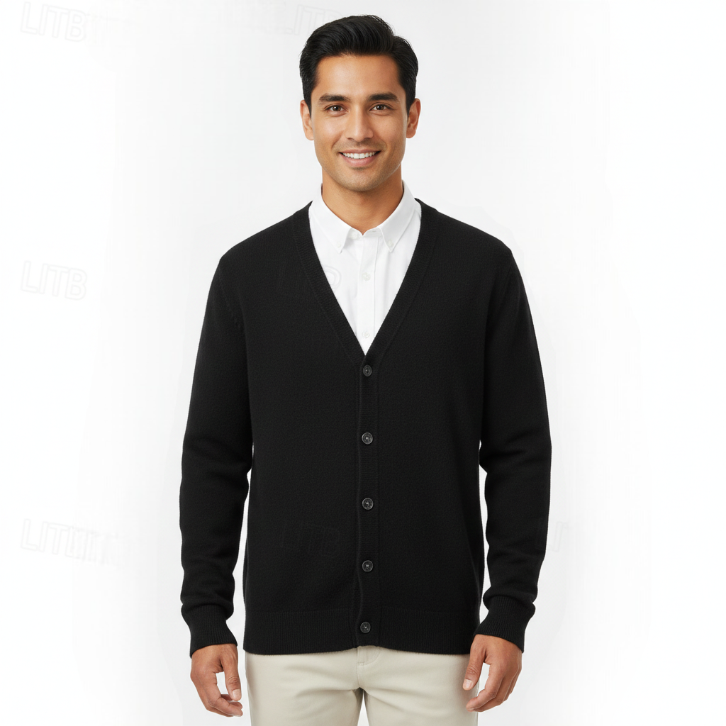 Close-up of the V-neck and button front on a men's cardigan