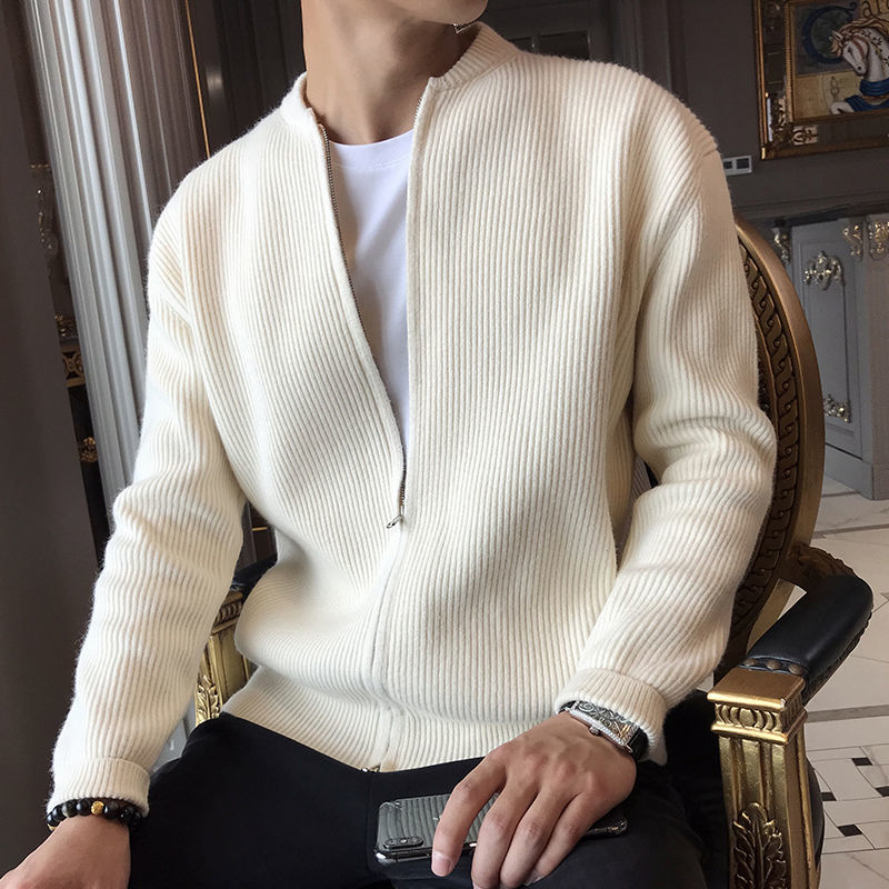 Men's soft knit cardigan shown from the front with a classic button-front design