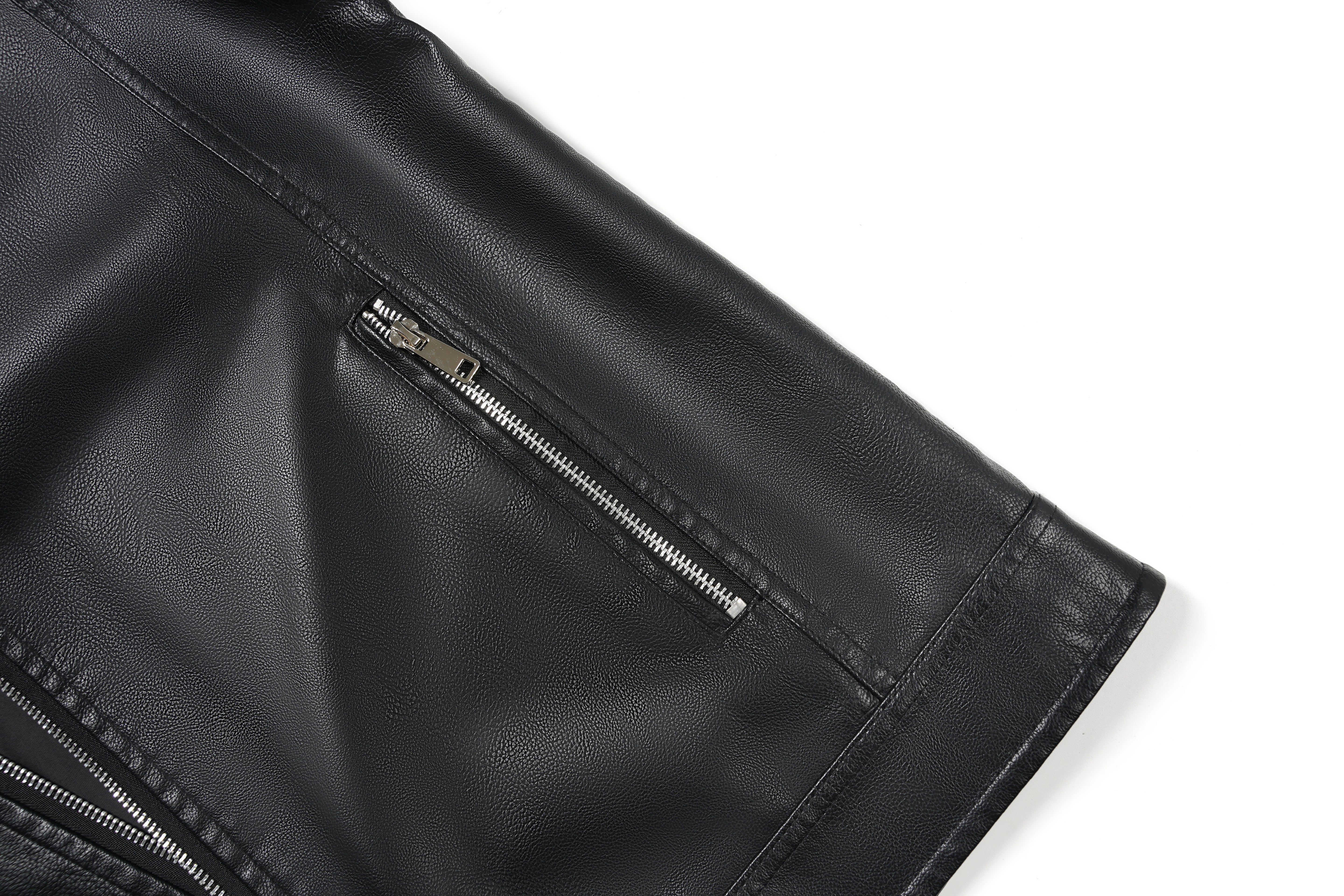 close up of a black biker jacket 